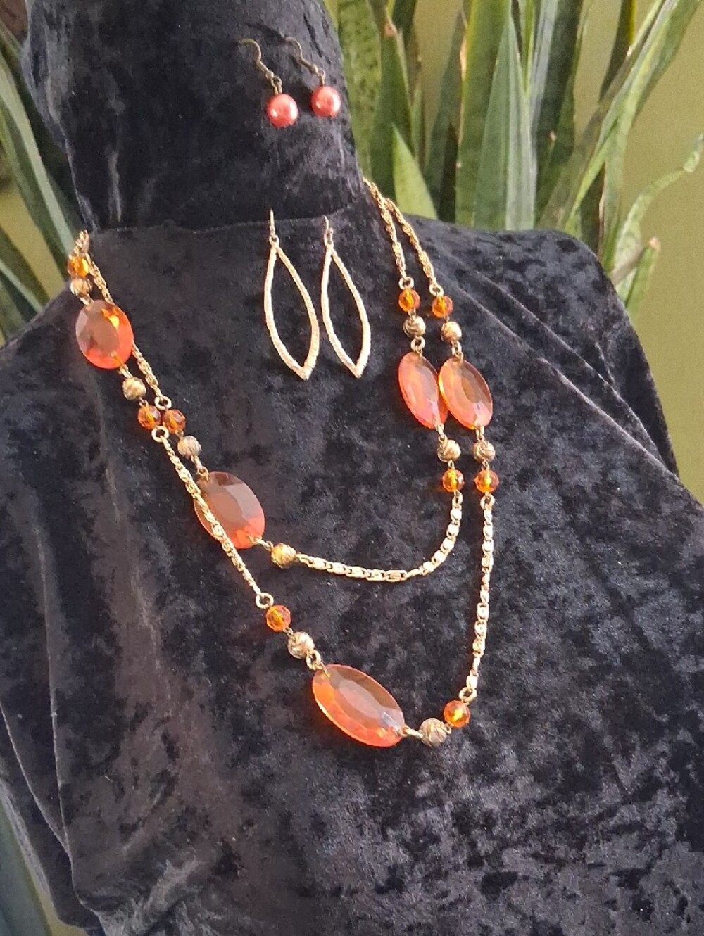 Vintage Gold and Orange Faceted Bead Long Necklace with Earrings - Picture 11 of 11